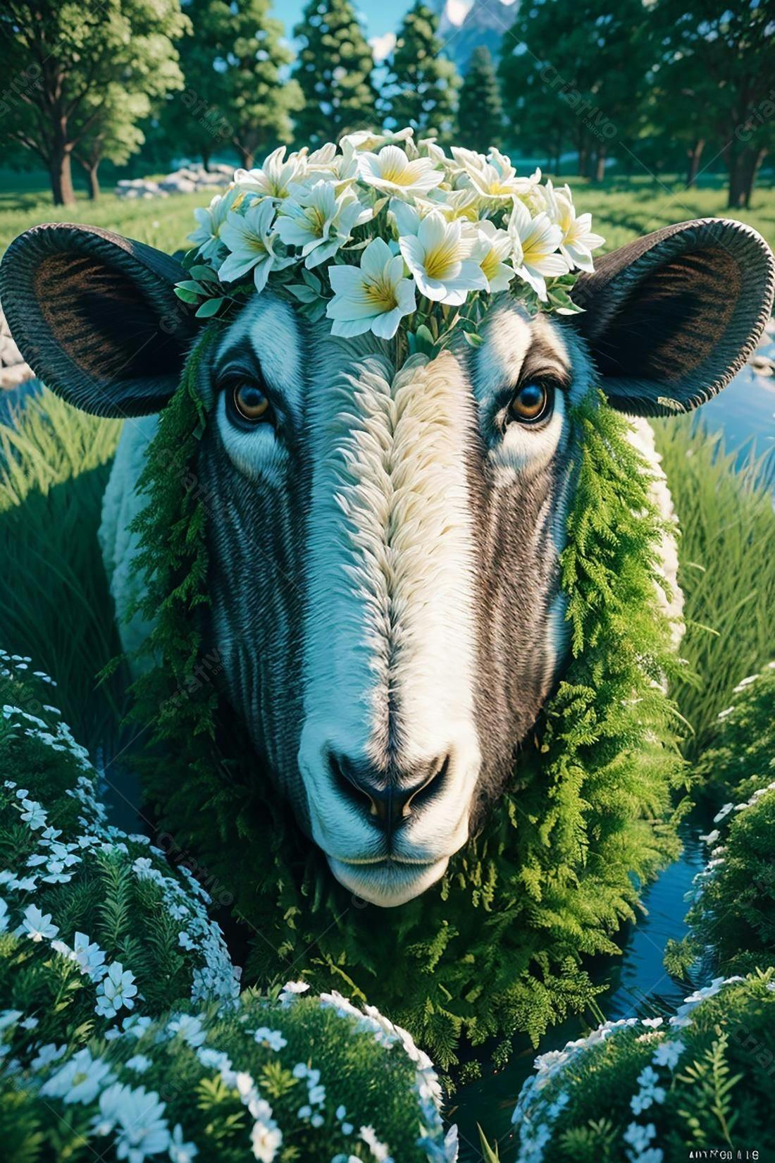 Ovelha com coroa de flores em pasto