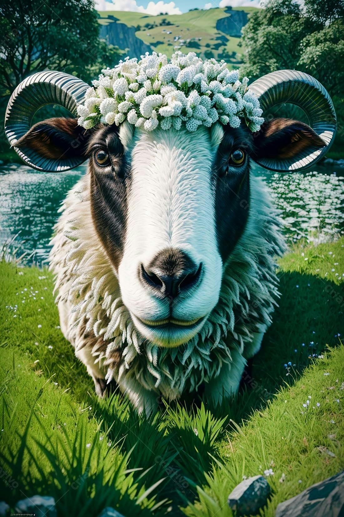 Carneiro com coroa de flores em pasto verde