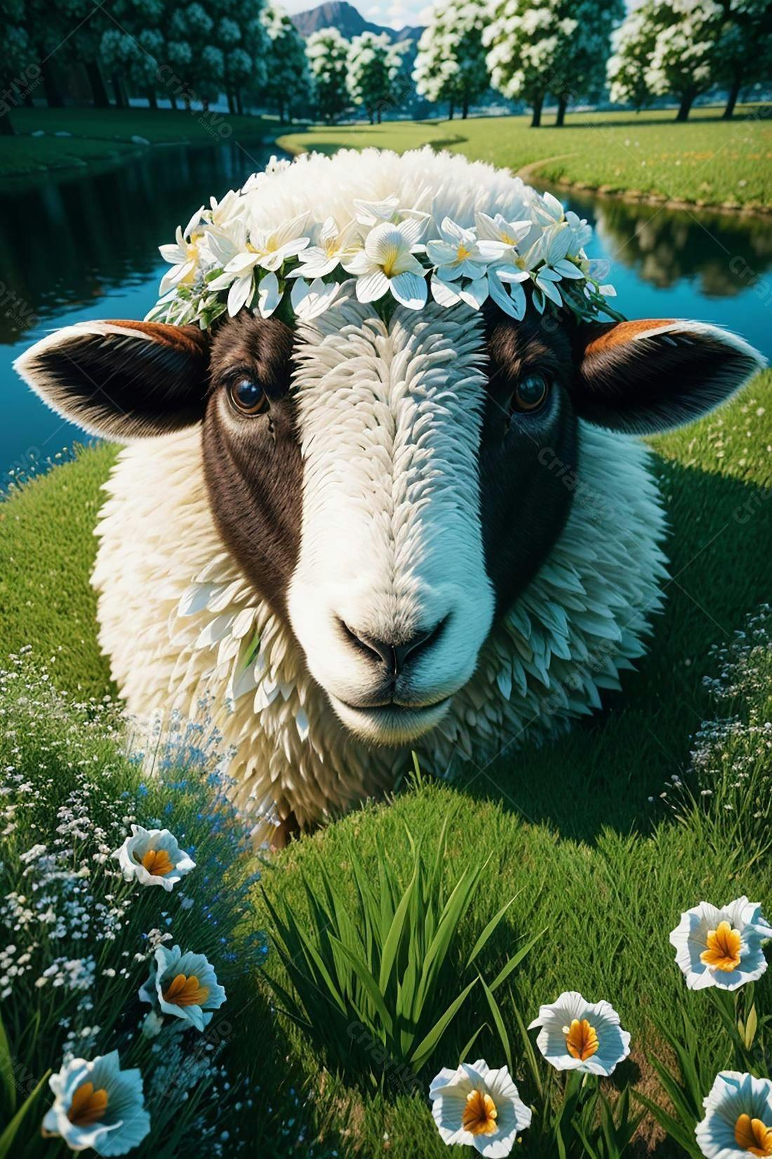 Ovelha com coroa de flores em pasto verde