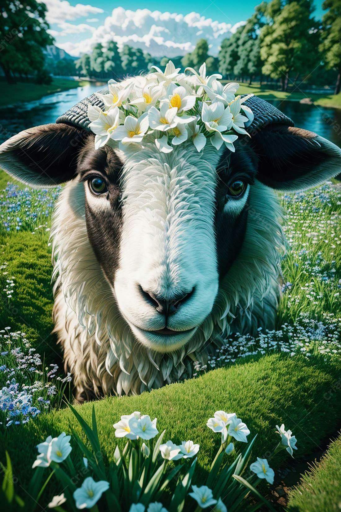 Carneiro com coroa de flores em campo florido