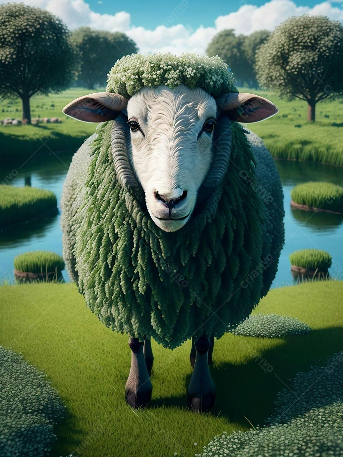 Ovelha com lã verde em paisagem campestre