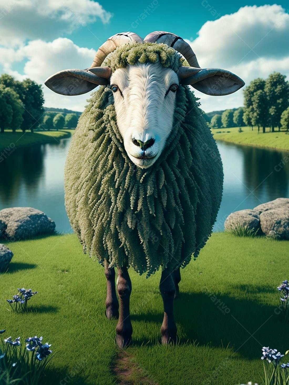 Carneiro com lã verde em paisagem campestre