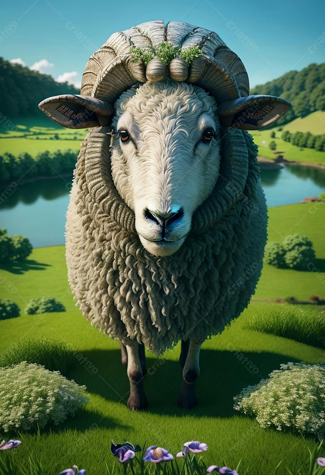 Carneiro com grandes chifres em paisagem verde