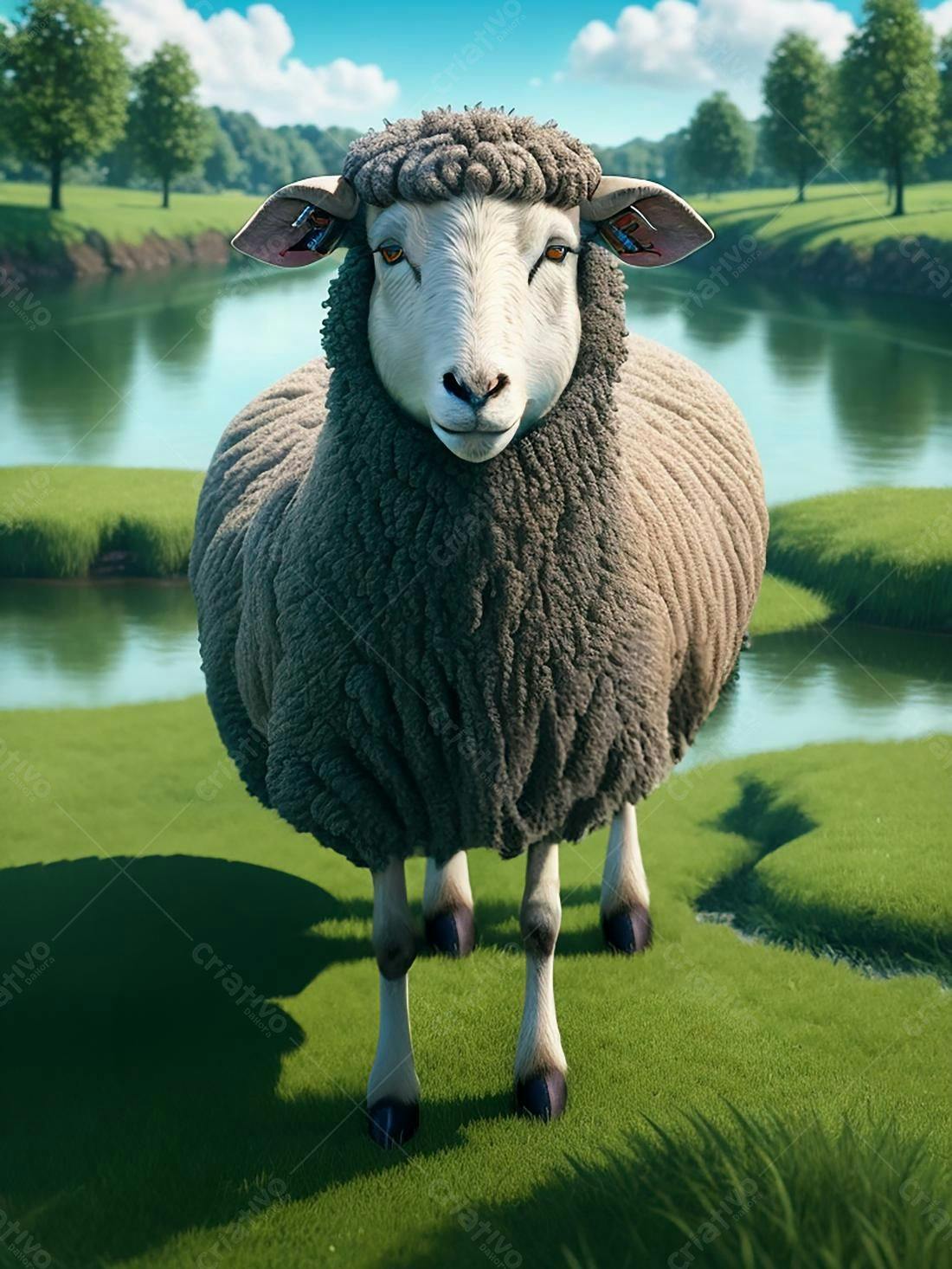 Ovelha cinza e branca em pasto verde