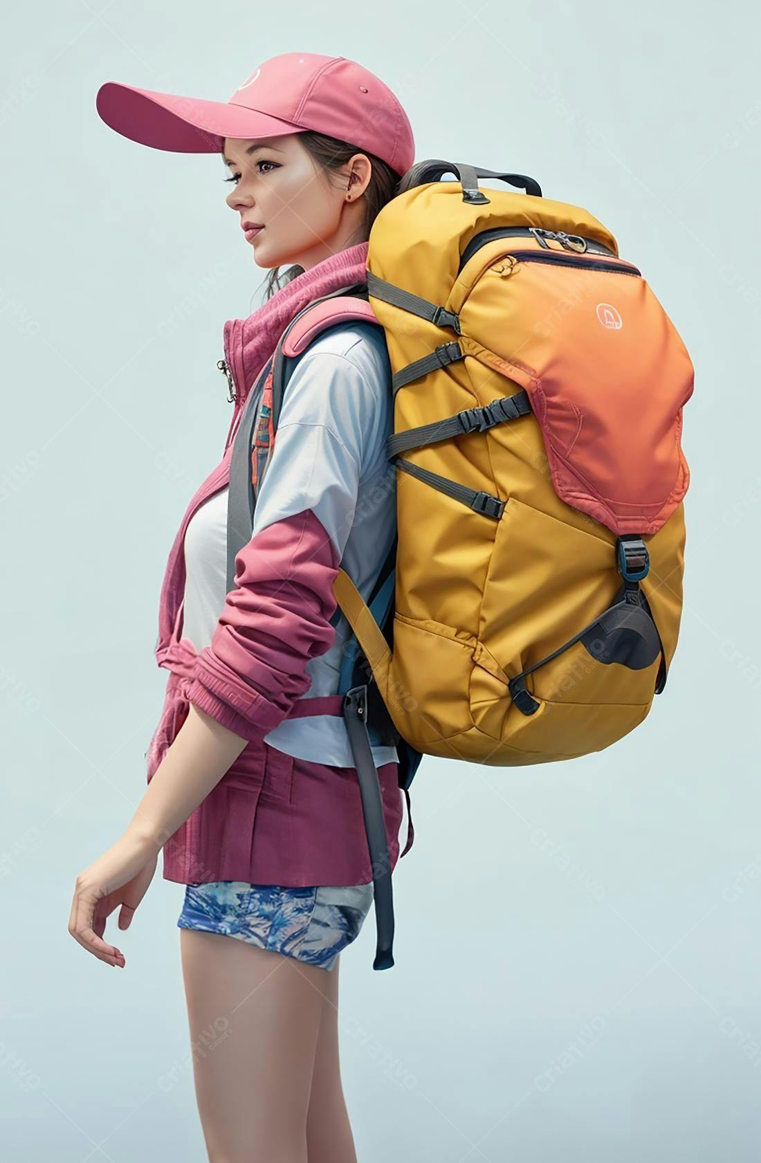 Mochila amarela mulher rosa viagem