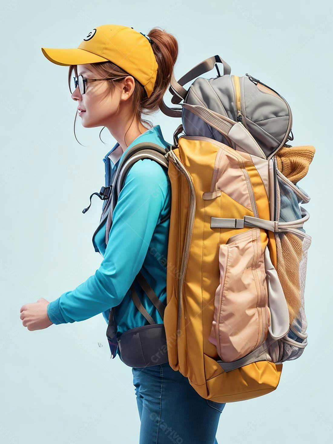 Mochila grande amarela mulher viajante