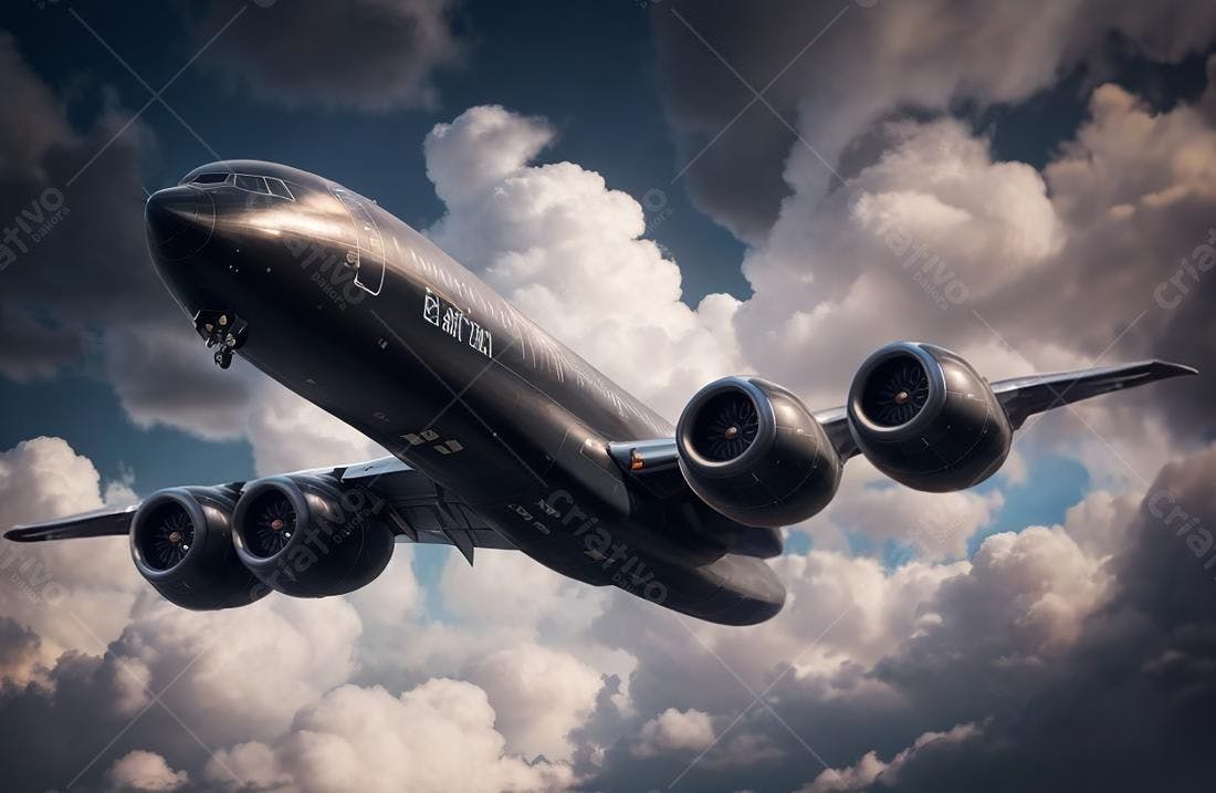 Avião preto sobrevoando nuvens escuras