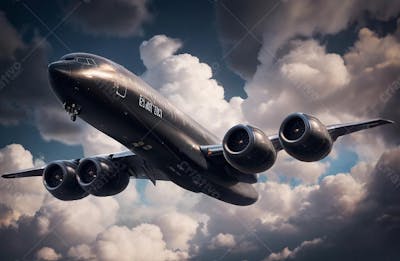 Avião de viagem preto nas nuvens