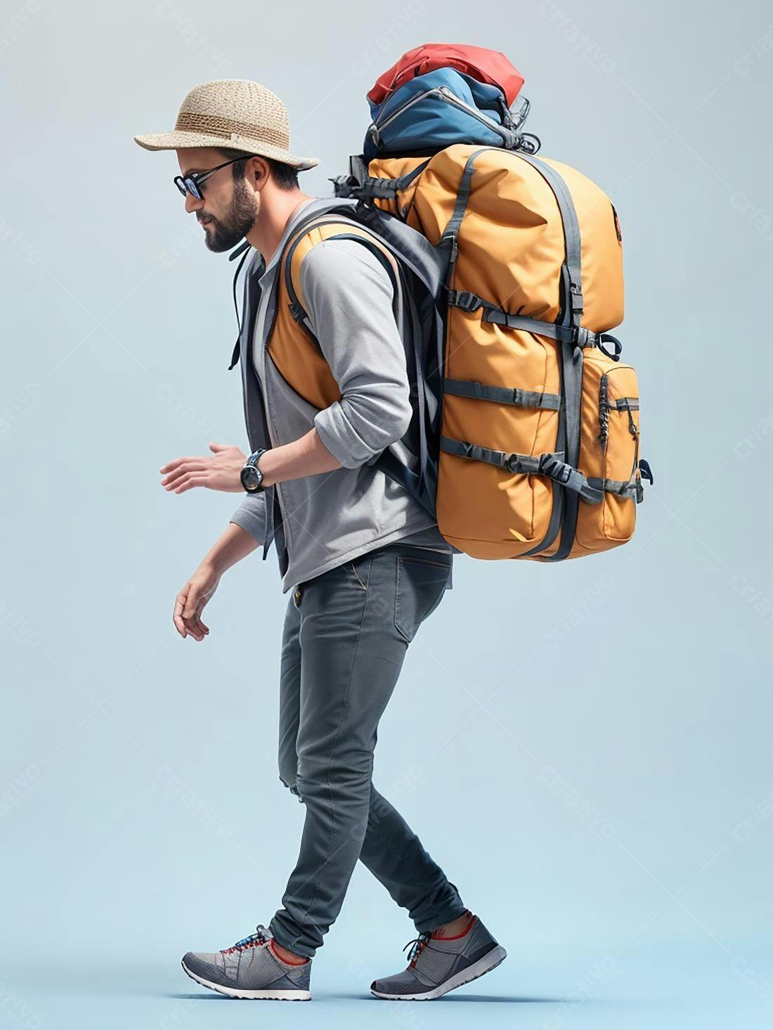 Mochileiro caminhando com mochila grande