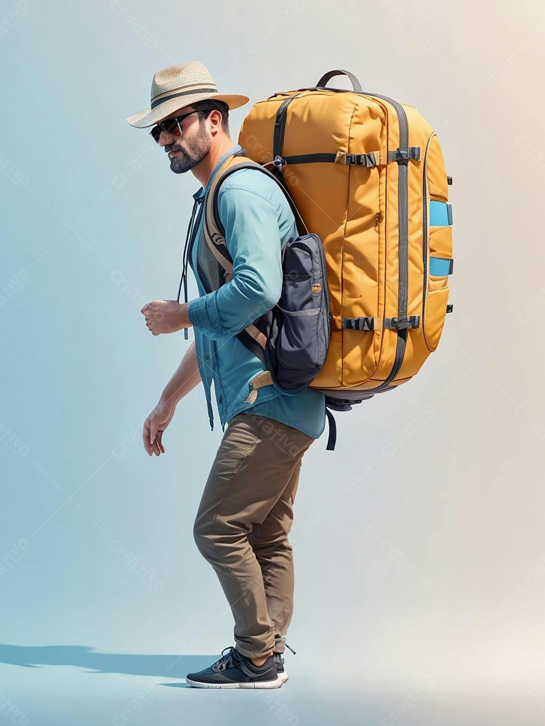Mochileiro com mochila grande caminhando