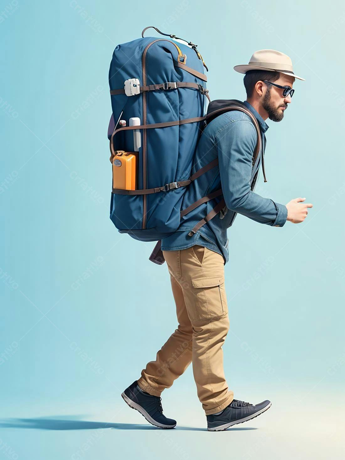 Mochileiro caminhando com mochila azul