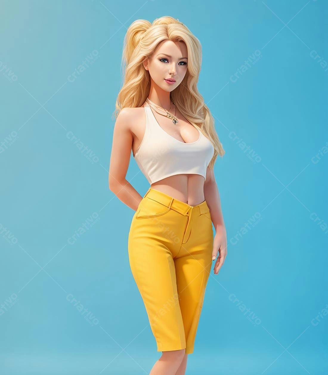 Modelo loira usando cropped branco e calças amarelas