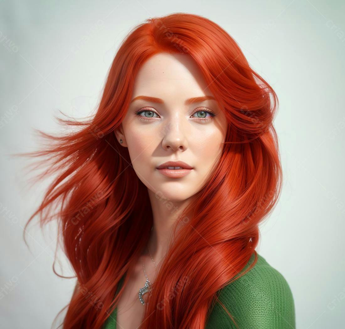 Mulher ruiva cabelo longo fundo claro