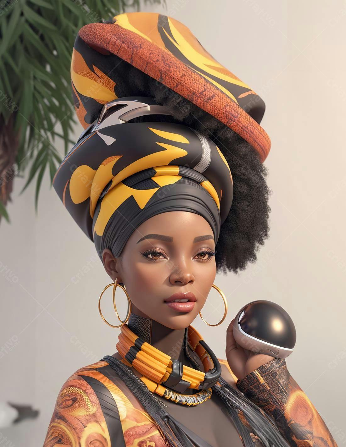 Mulher negra com turbante amarelo e acessórios