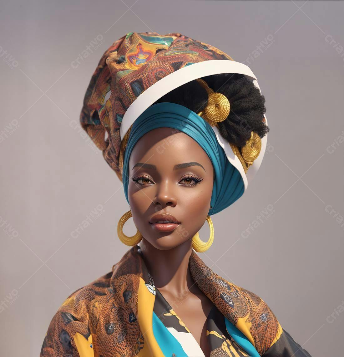 Mulher negra usando turbante e brincos dourados