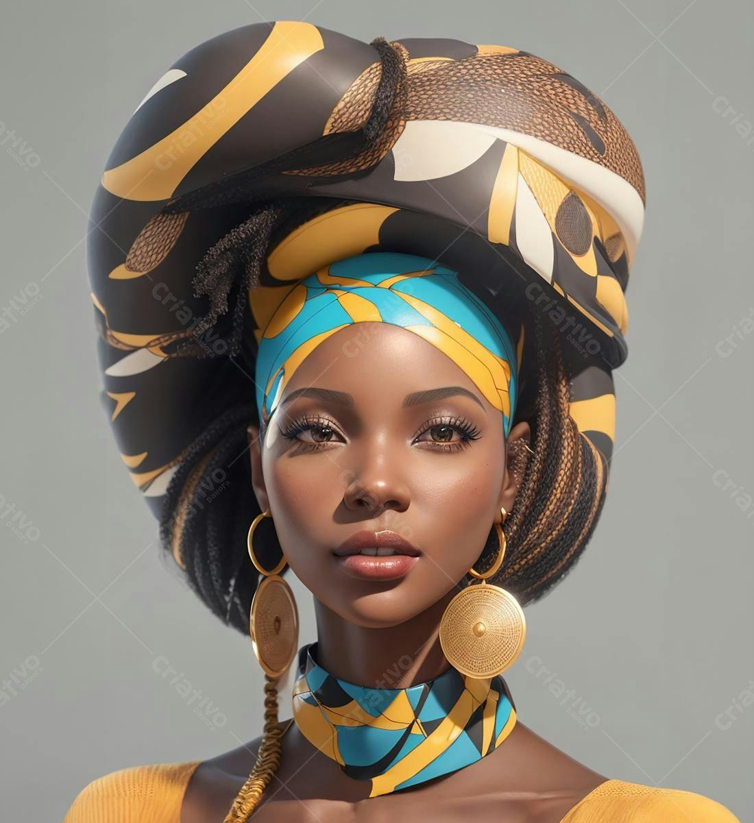 Mulher negra com turbante azul e amarelo