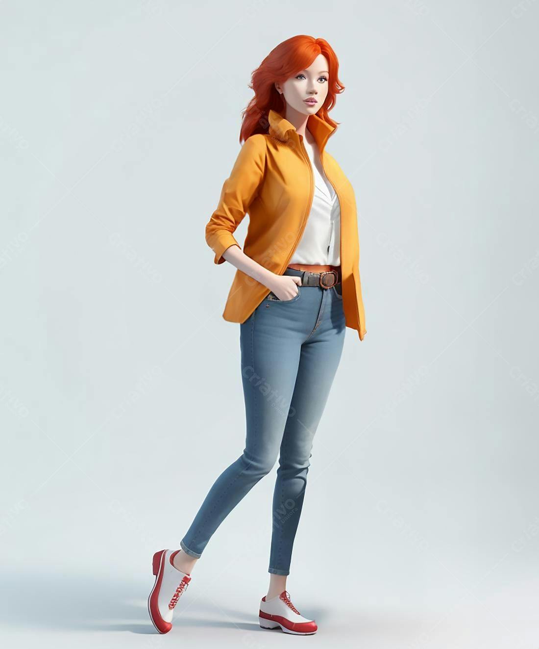 Modelo com jaqueta laranja e jeans