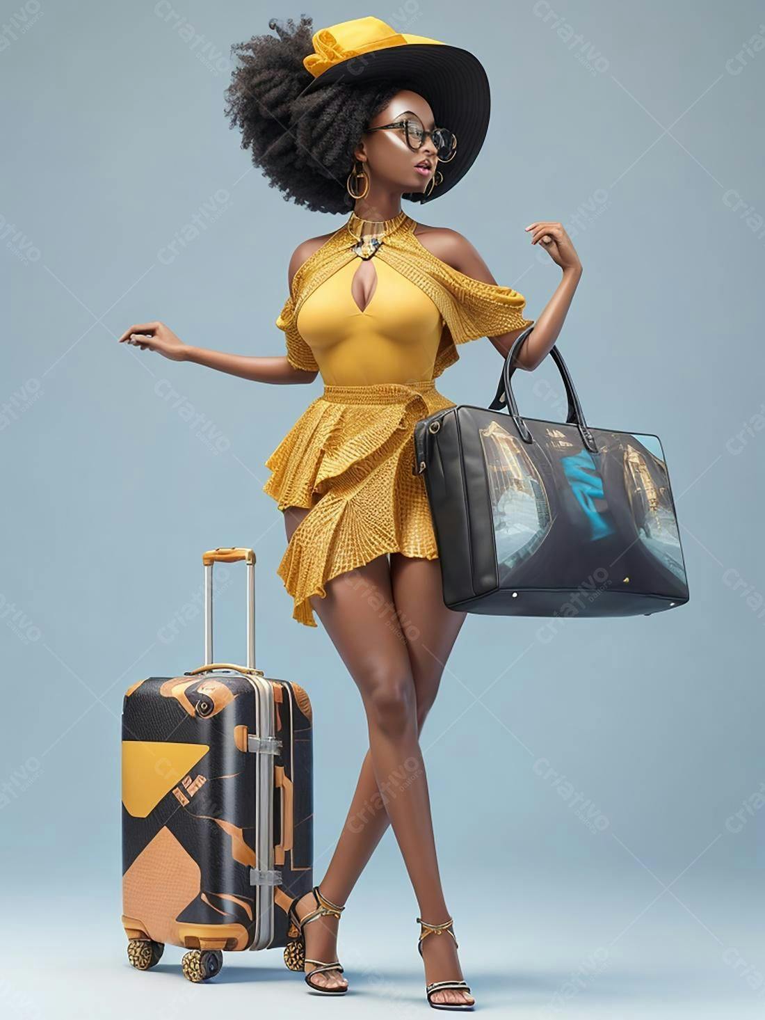 Modelo negra elegante com malas amarelas e pretas