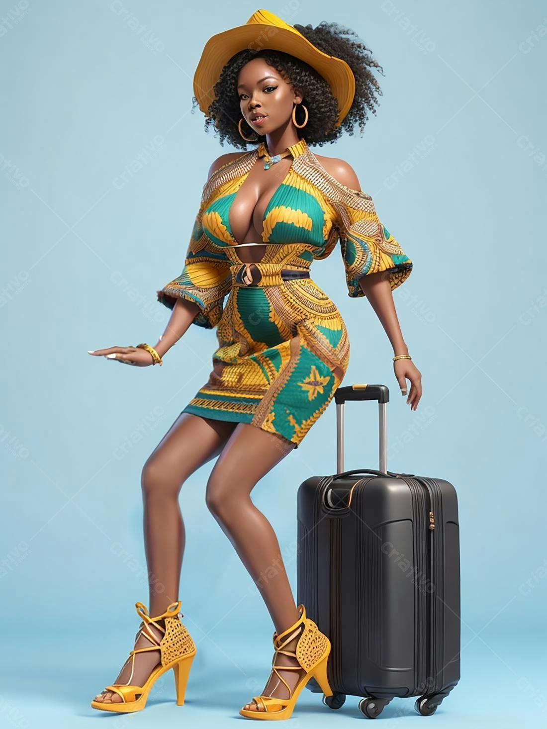 Modelo negra com vestido amarelo e verde