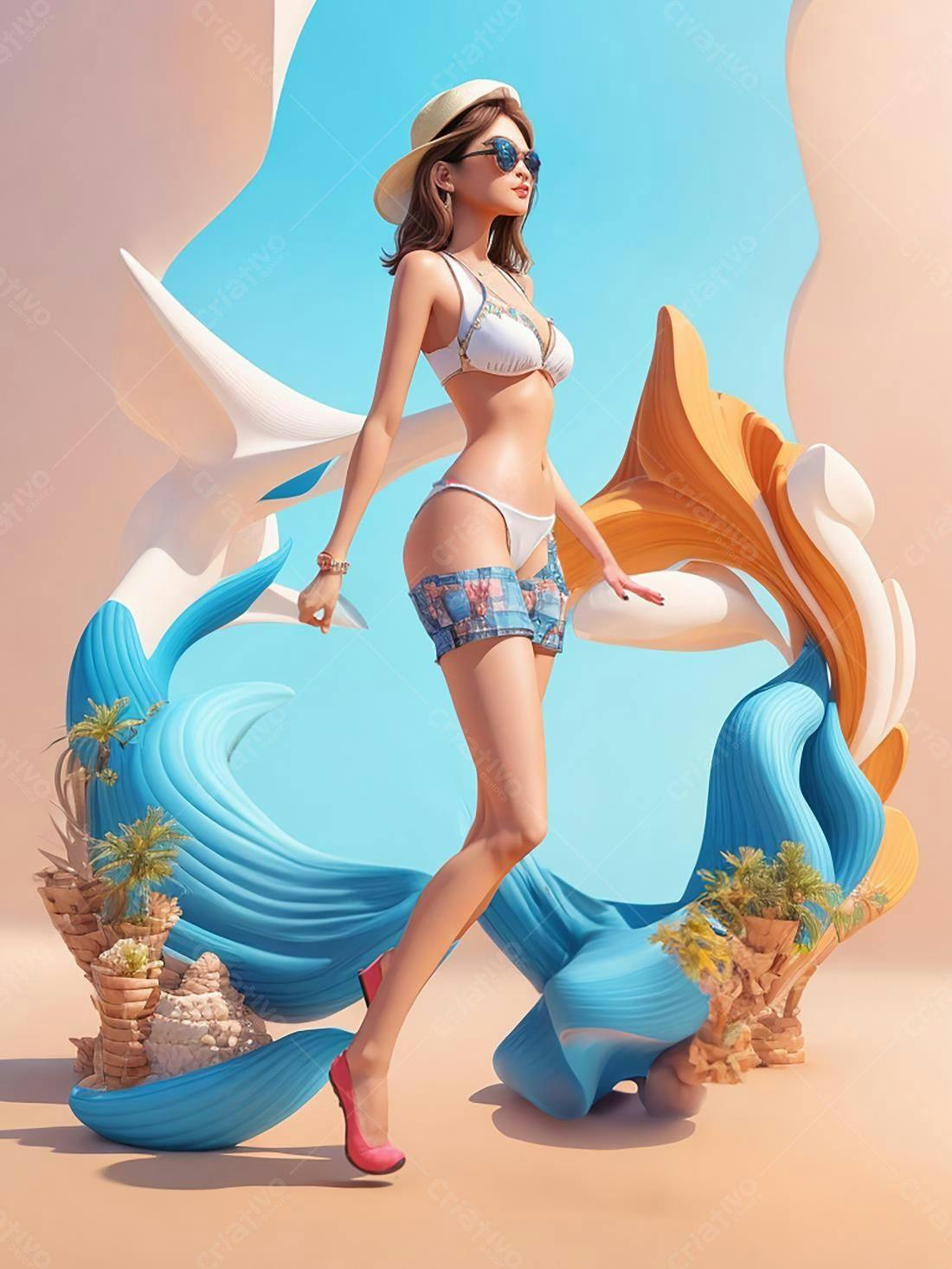 Modelo em biquini na praia com cenário surreal