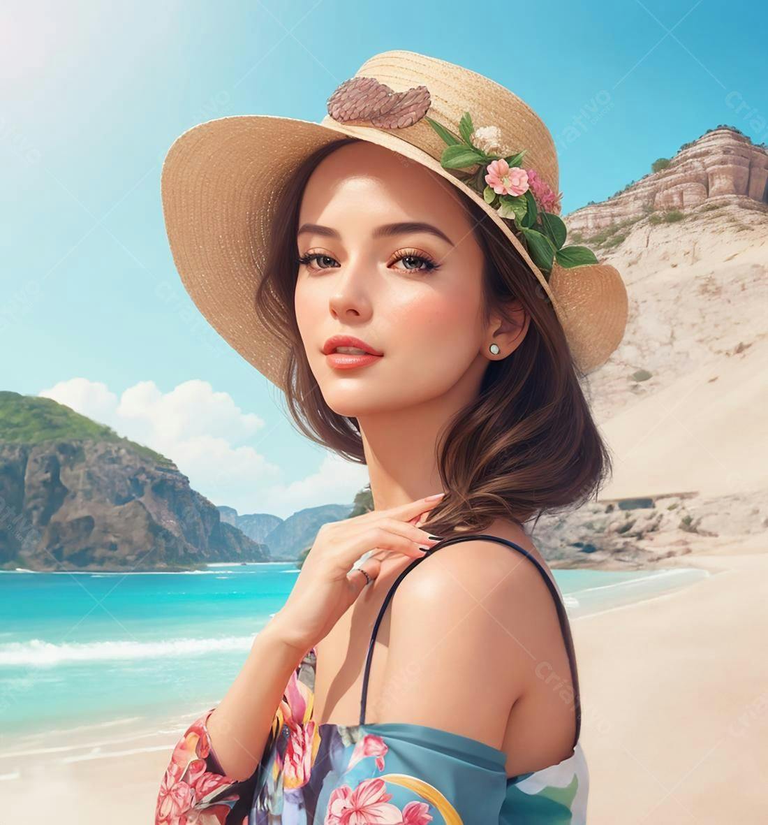 Mulher na praia com chapéu de palha e vestido floral