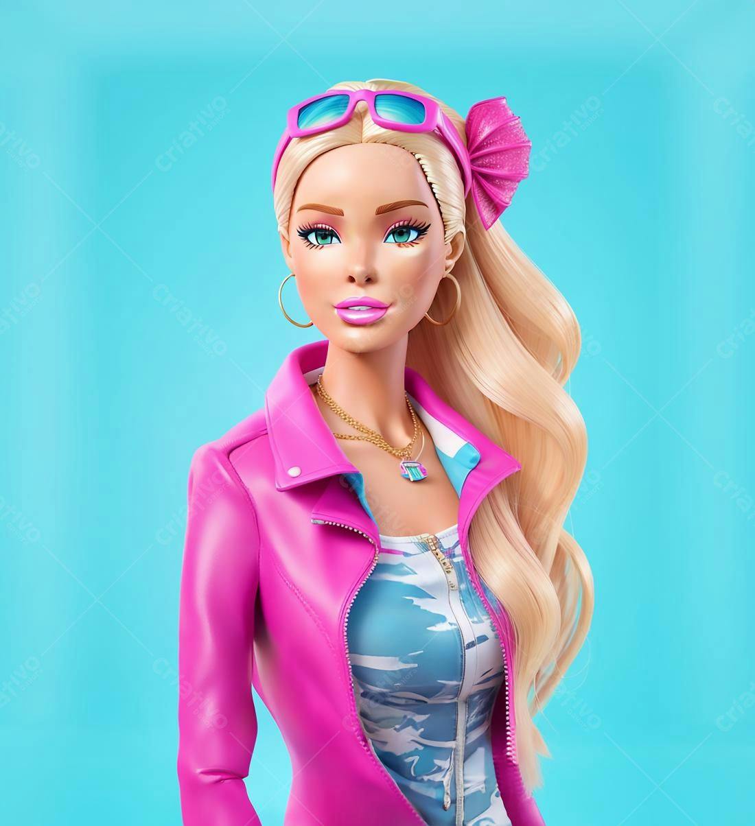 Boneca loira estiloso em jaqueta rosa