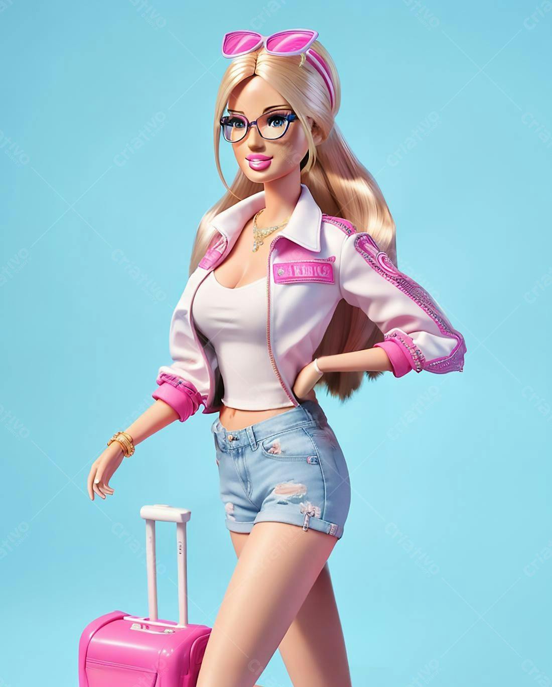 Boneca loira viajando com mala rosa