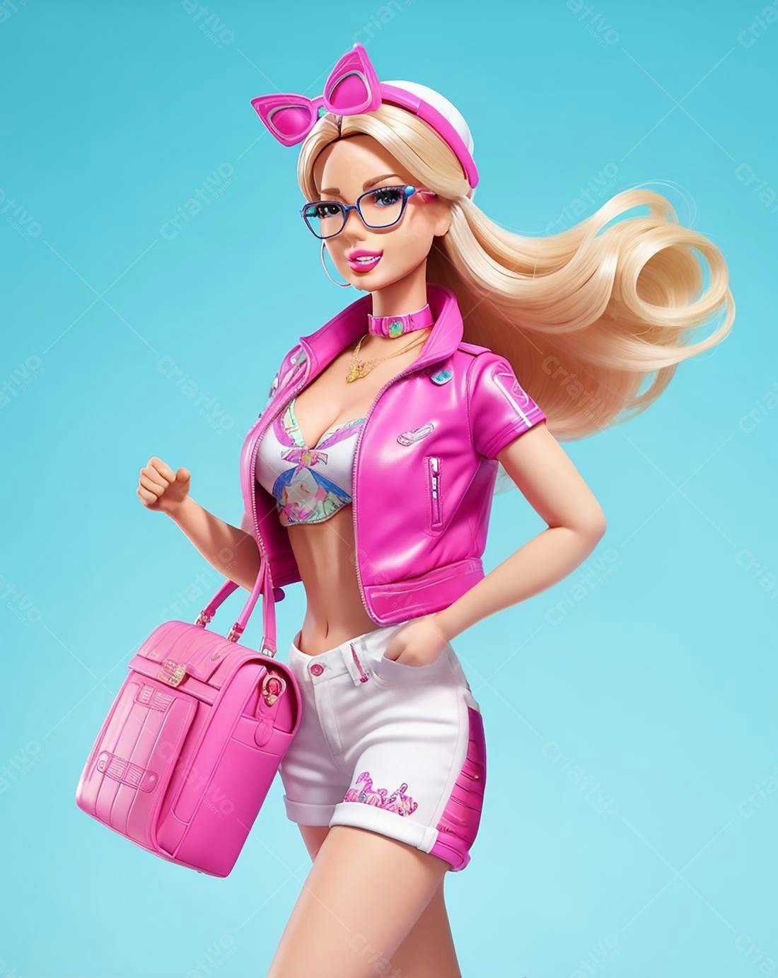 Boneca loira estiloso em rosa e azul