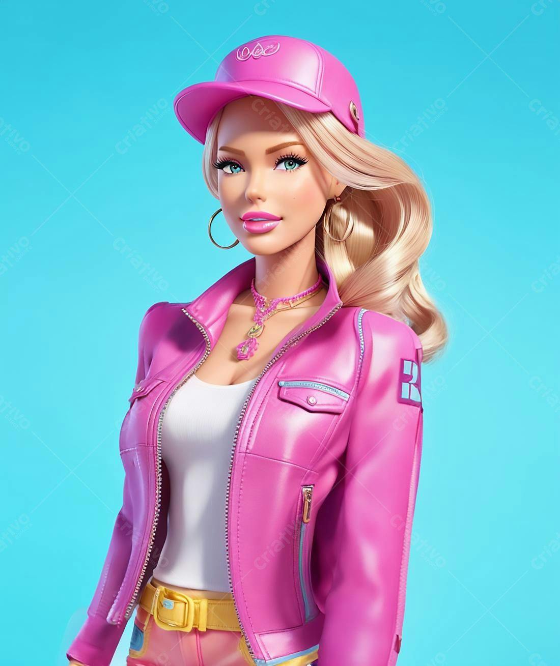 Modelo loira usando jaqueta rosa