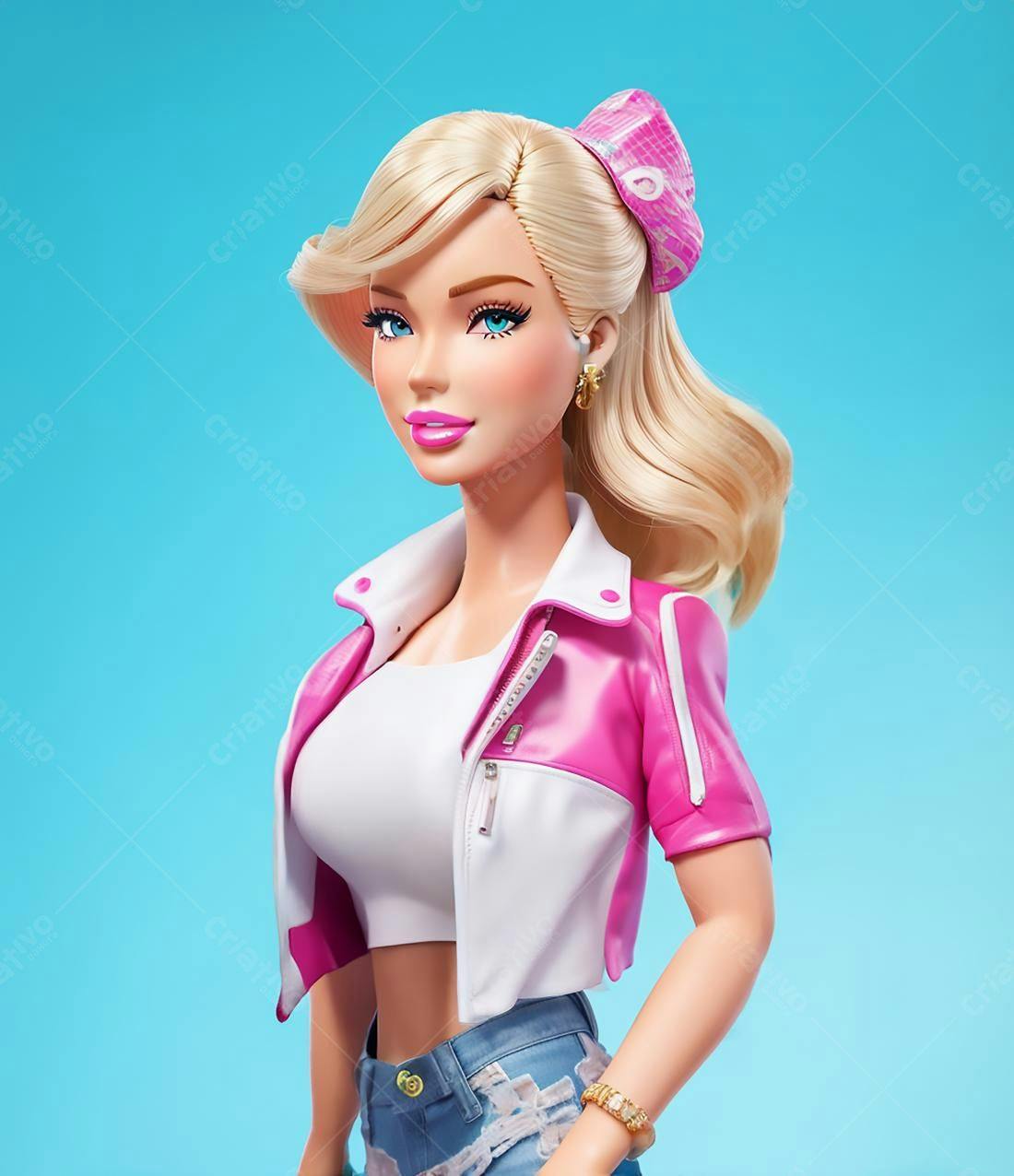 Boneca loira estiloso em fundo azul