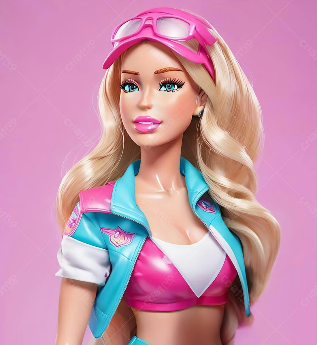 Boneca loira estilo anos 80 em rosa e azul