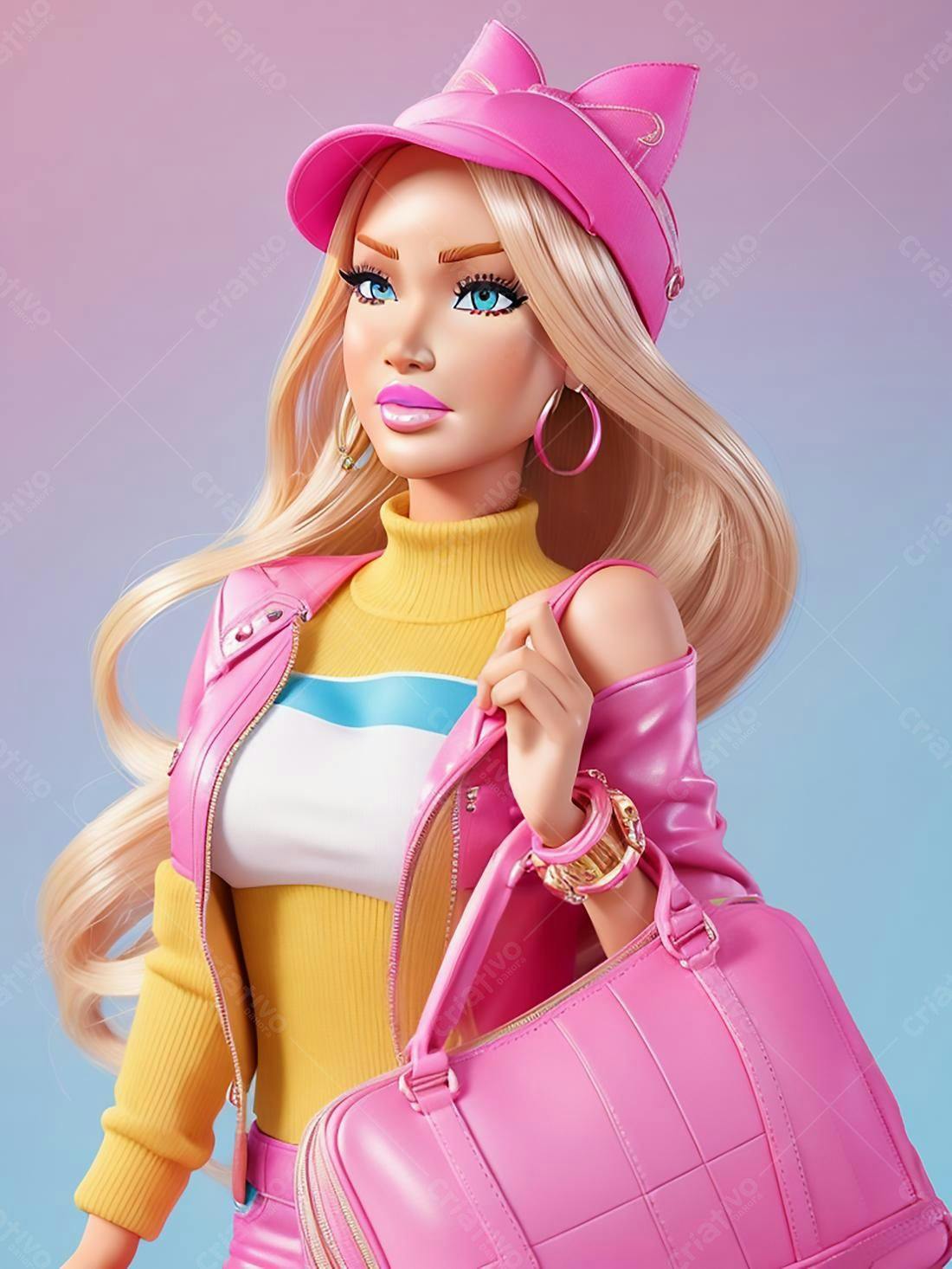 Boneca loira com bolsa rosa e look estiloso