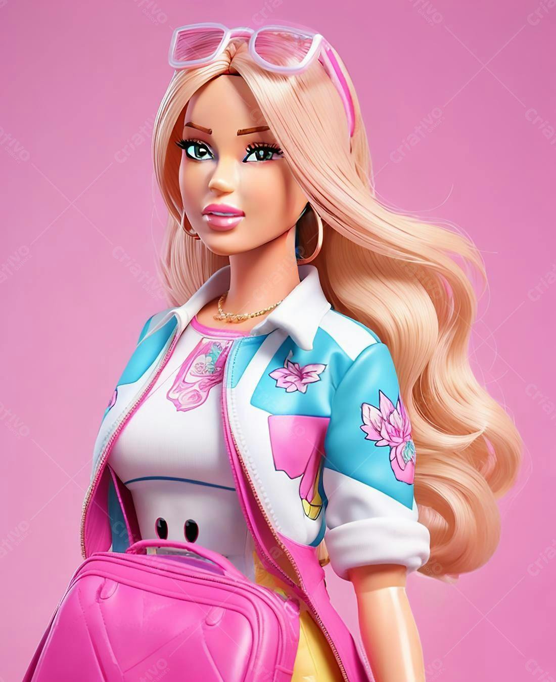 Boneca loira estiloso com mochila rosa