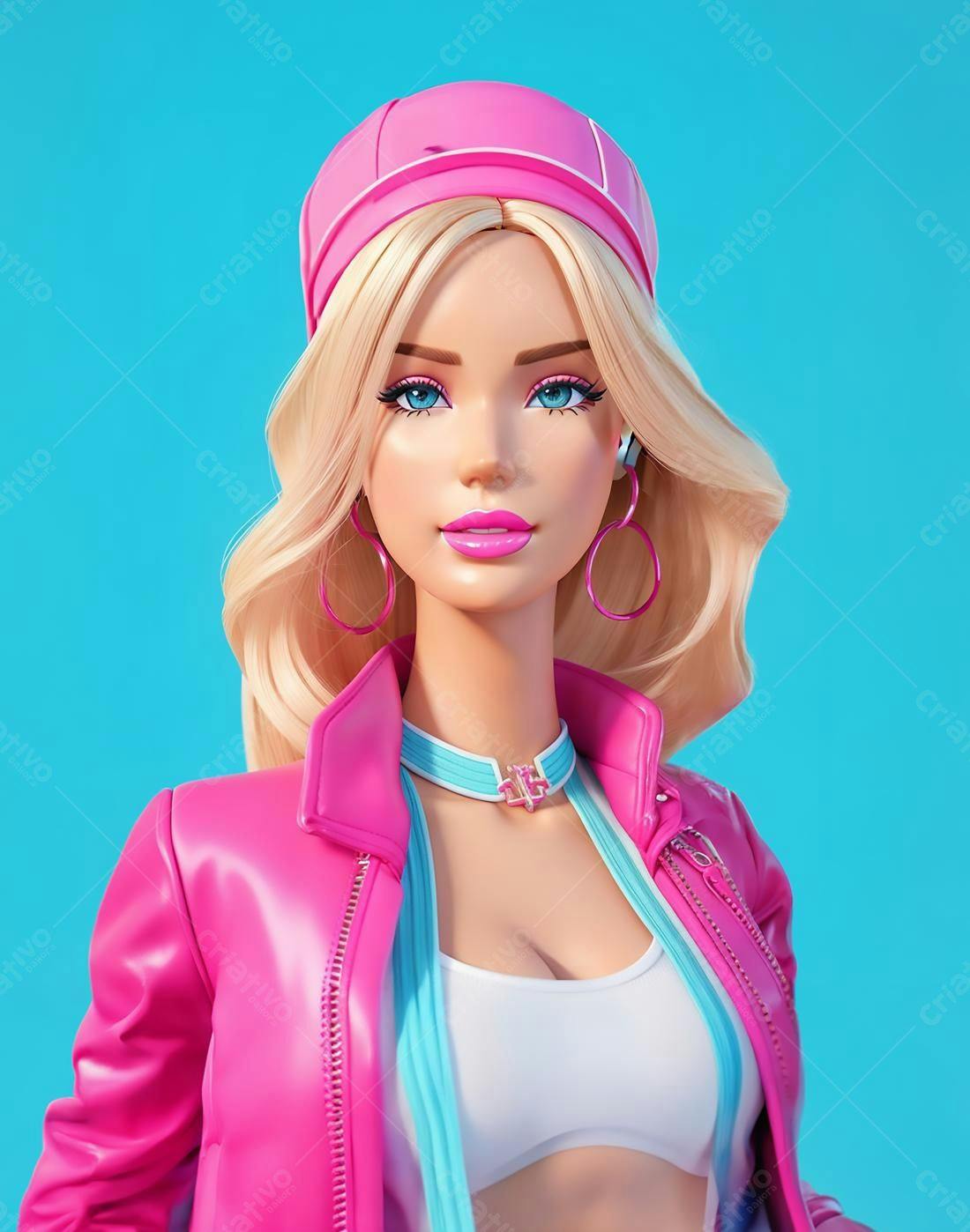 Boneca loira estiloso em rosa e azul