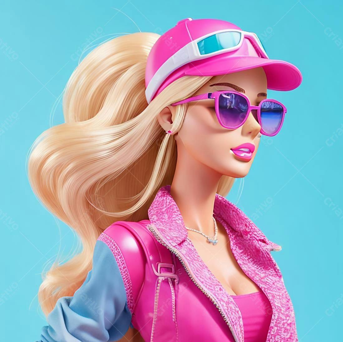 Boneca loira usando rosa e óculos escuros