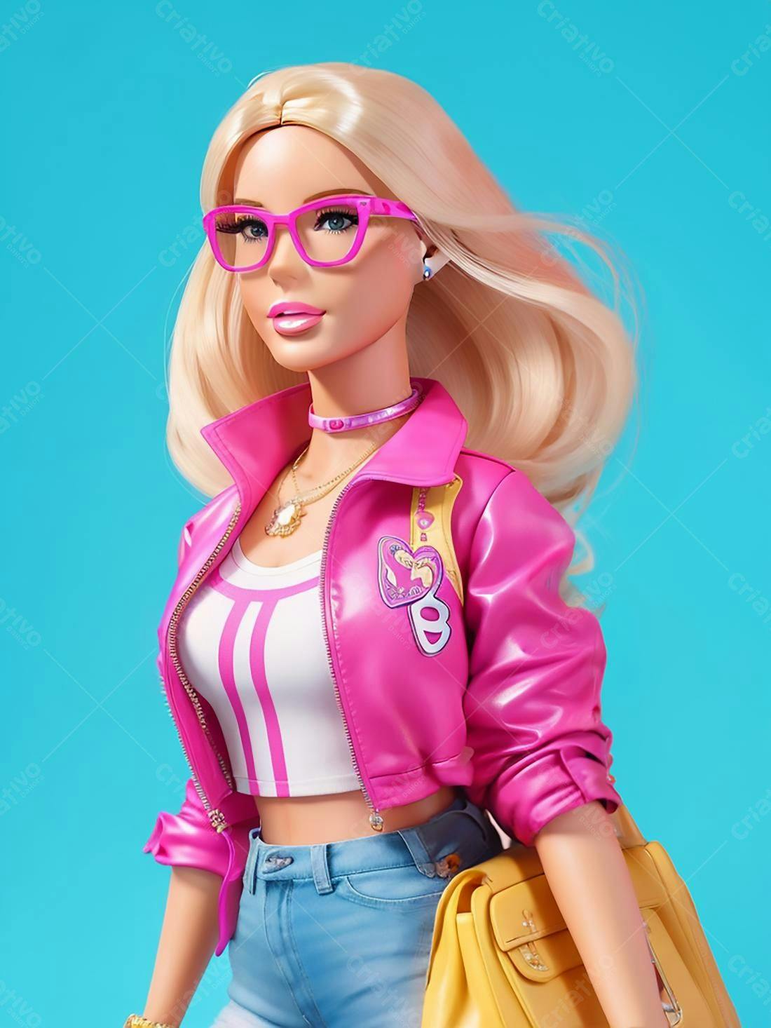 Barbie loira usando óculos rosa e jaqueta pink