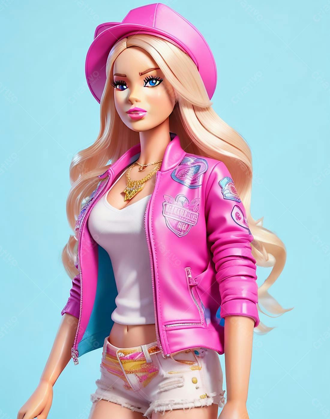 Boneca loira com jaqueta rosa e boné