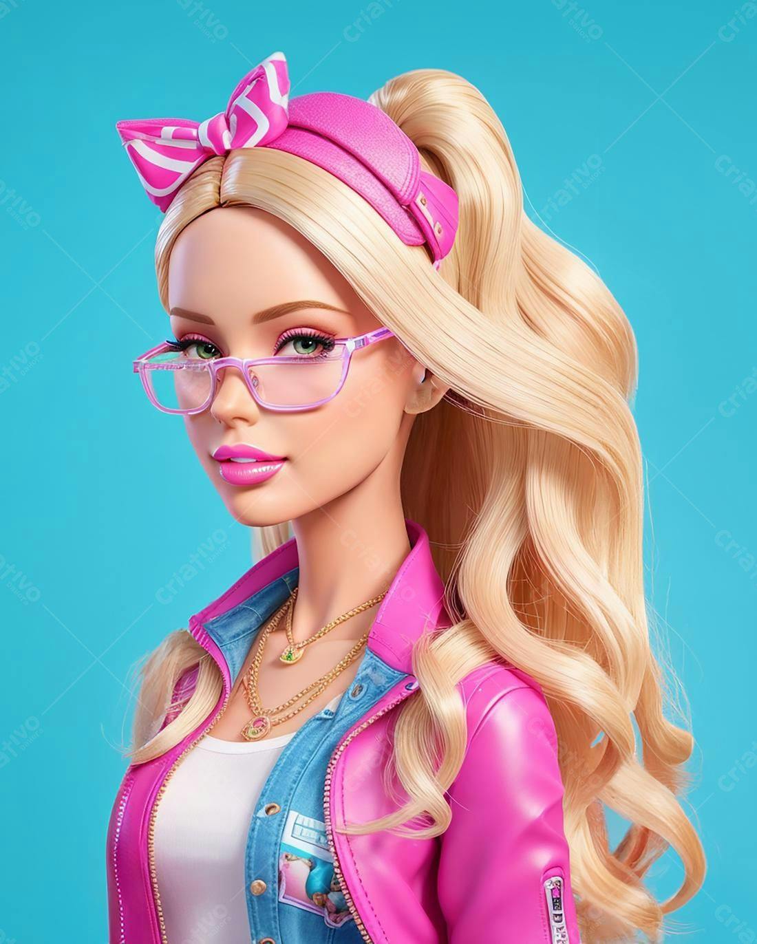 Boneca loira usando óculos e jaqueta rosa