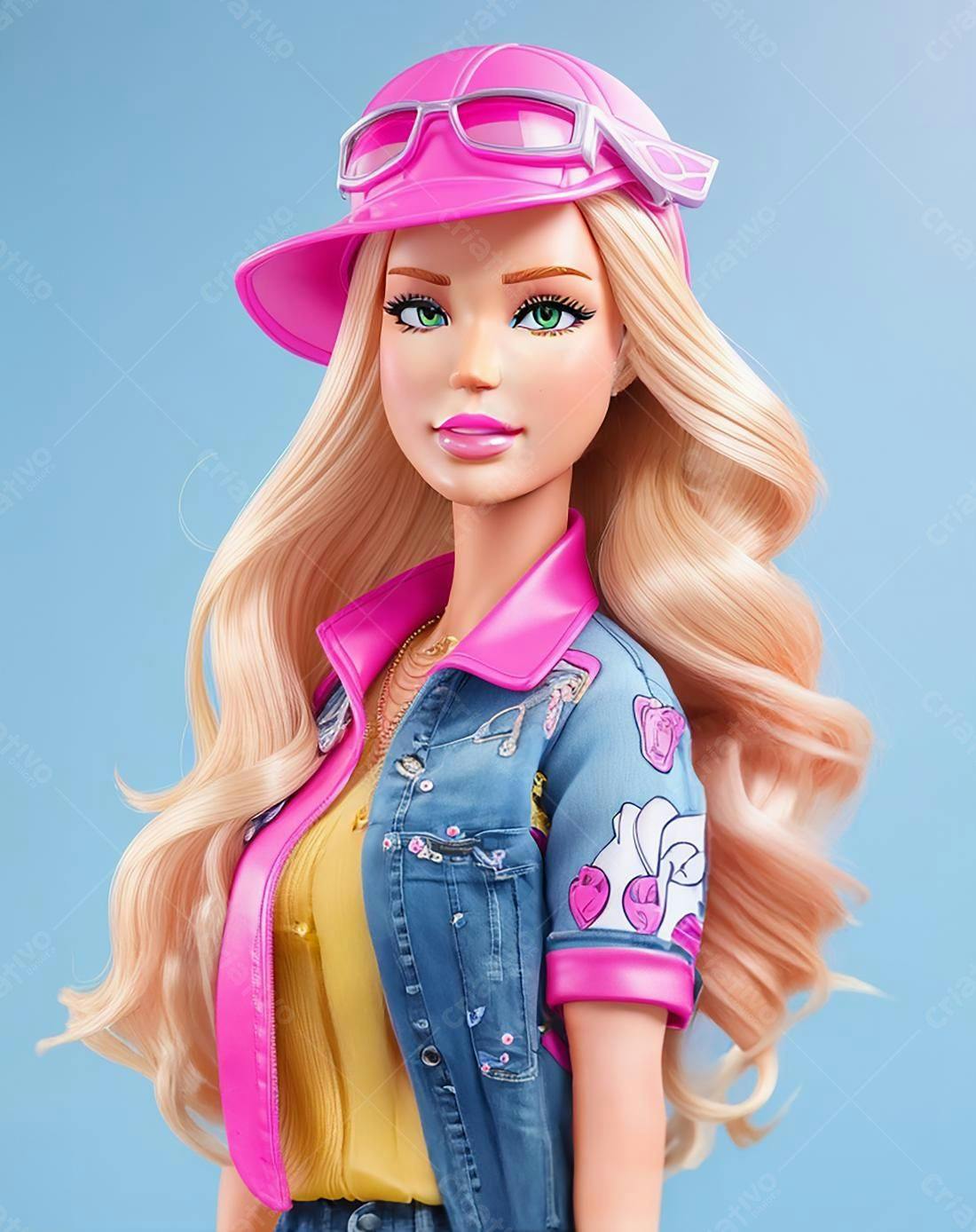 Boneca loira com jaqueta jeans e chapéu rosa