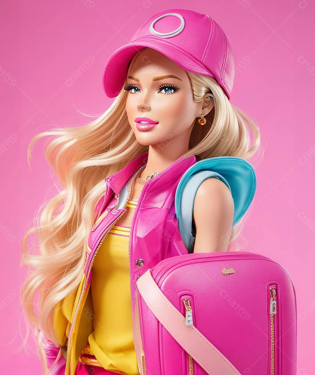 Boneca loira com roupa rosa e mochila