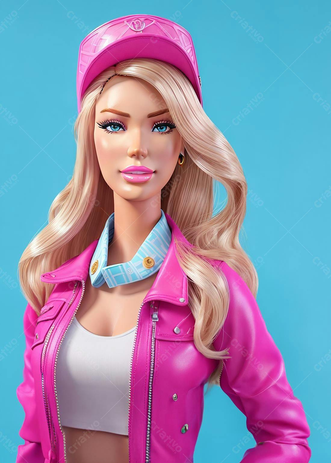 Boneca loira usando jaqueta rosa