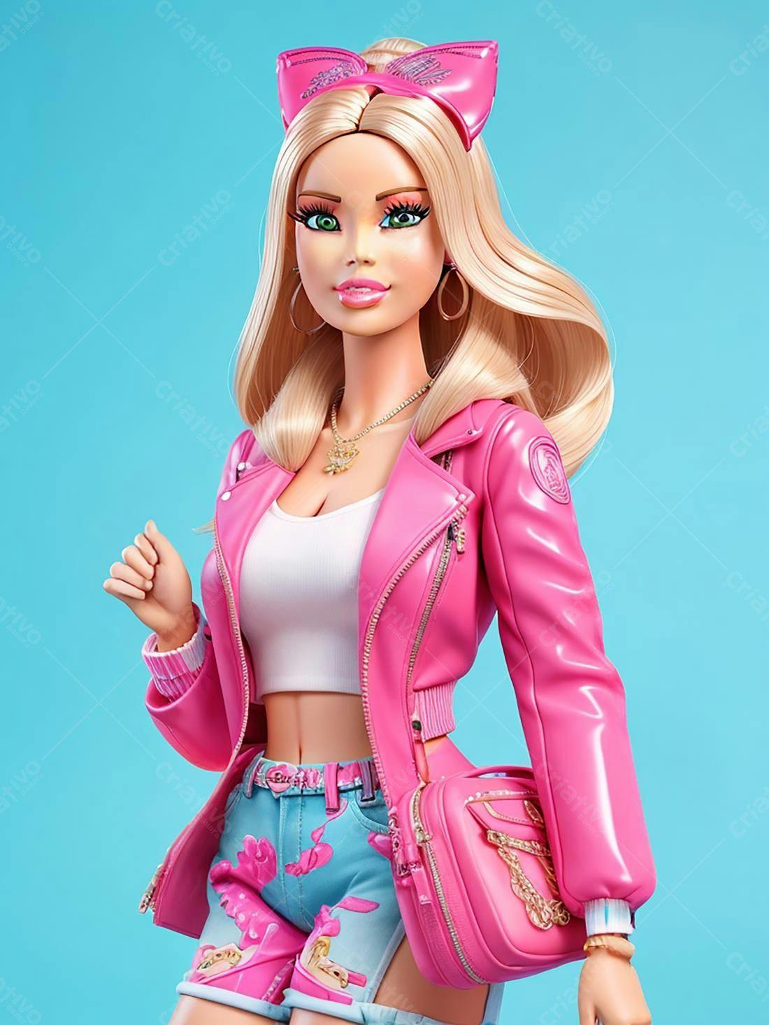 Boneca loira estiloso em rosa e azul