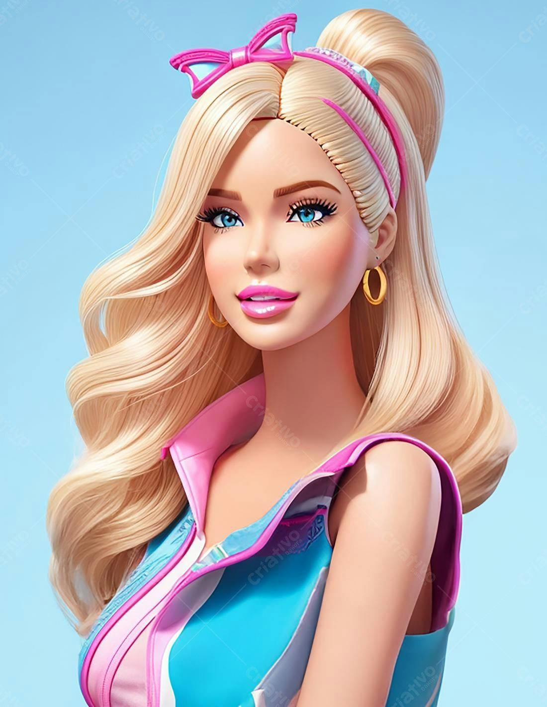 Boneca loira em roupa rosa e azul