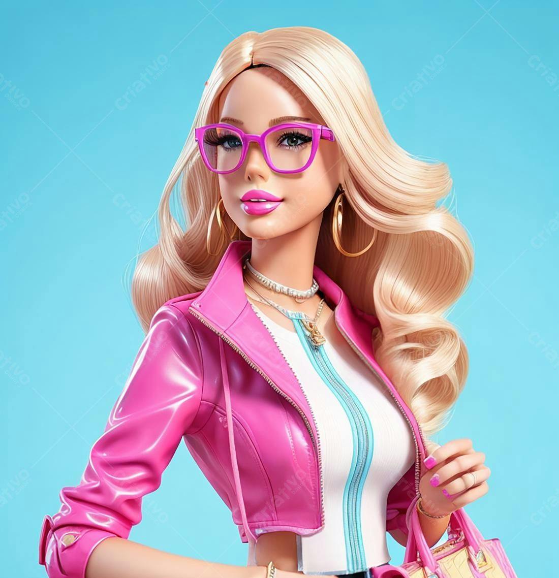 Modelo loira com jaqueta rosa e óculos