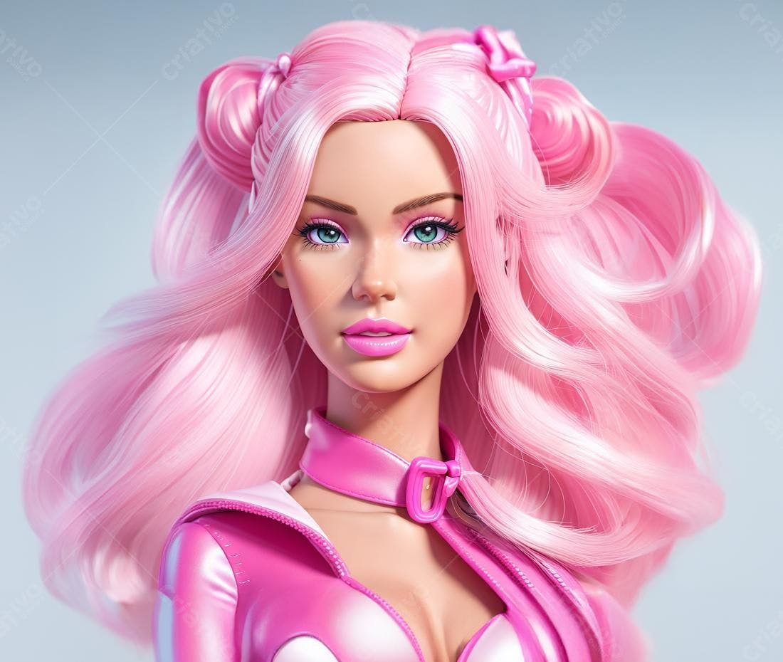 Boneca rosa com cabelo longo e ondulado