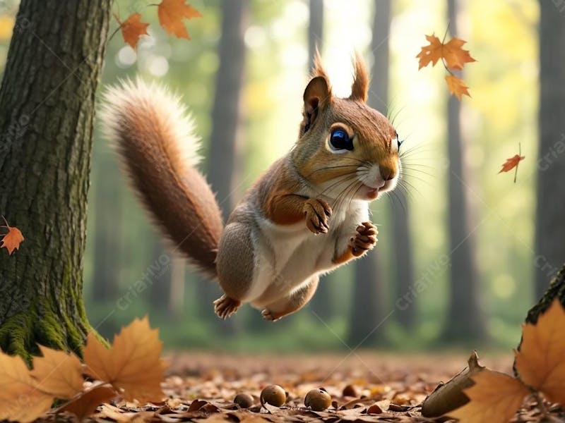 Esquilo na floresta pulando