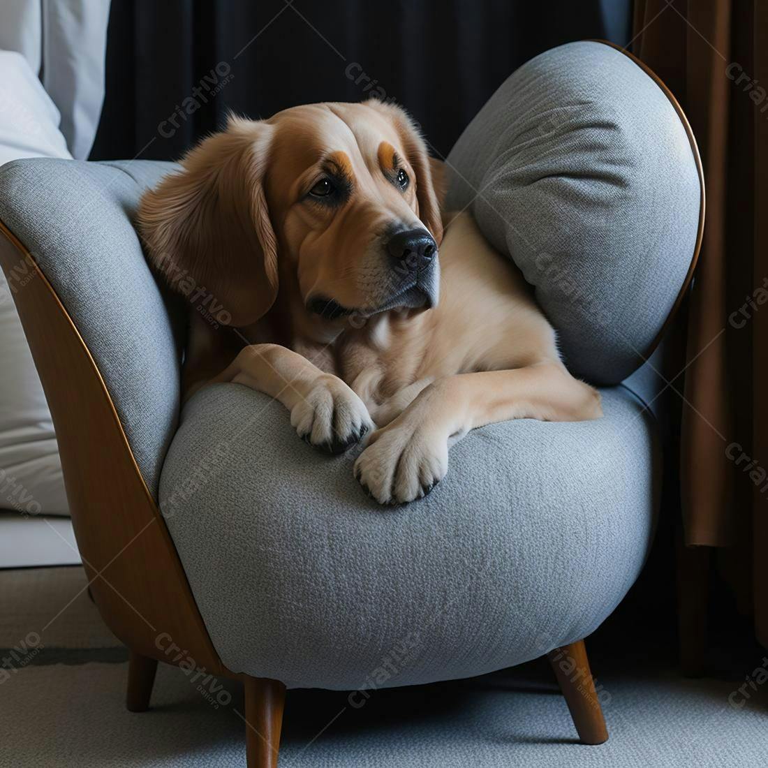 Cachorro Golden Retriever relaxando em poltrona cinza