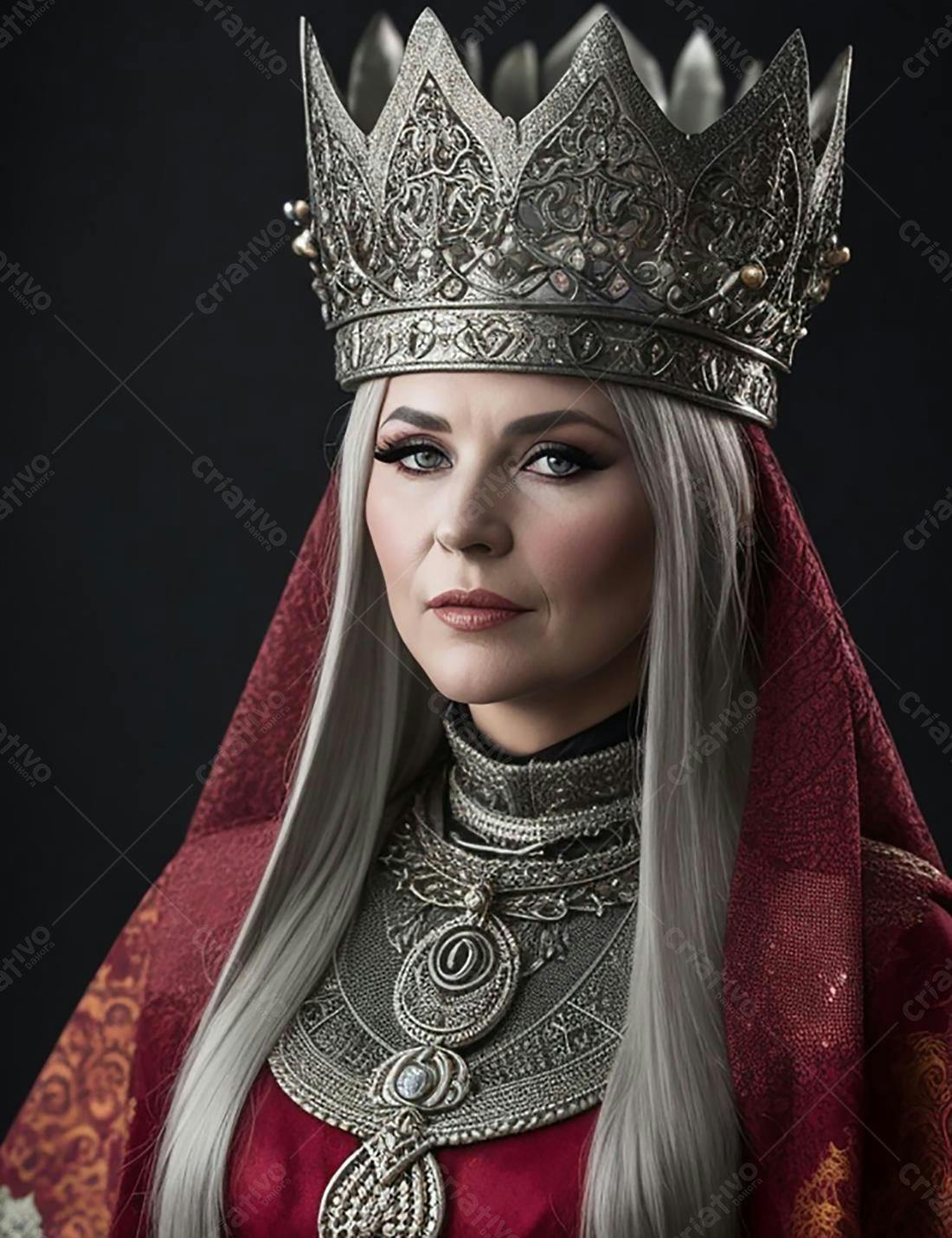 Rainha com coroa e joias prateadas