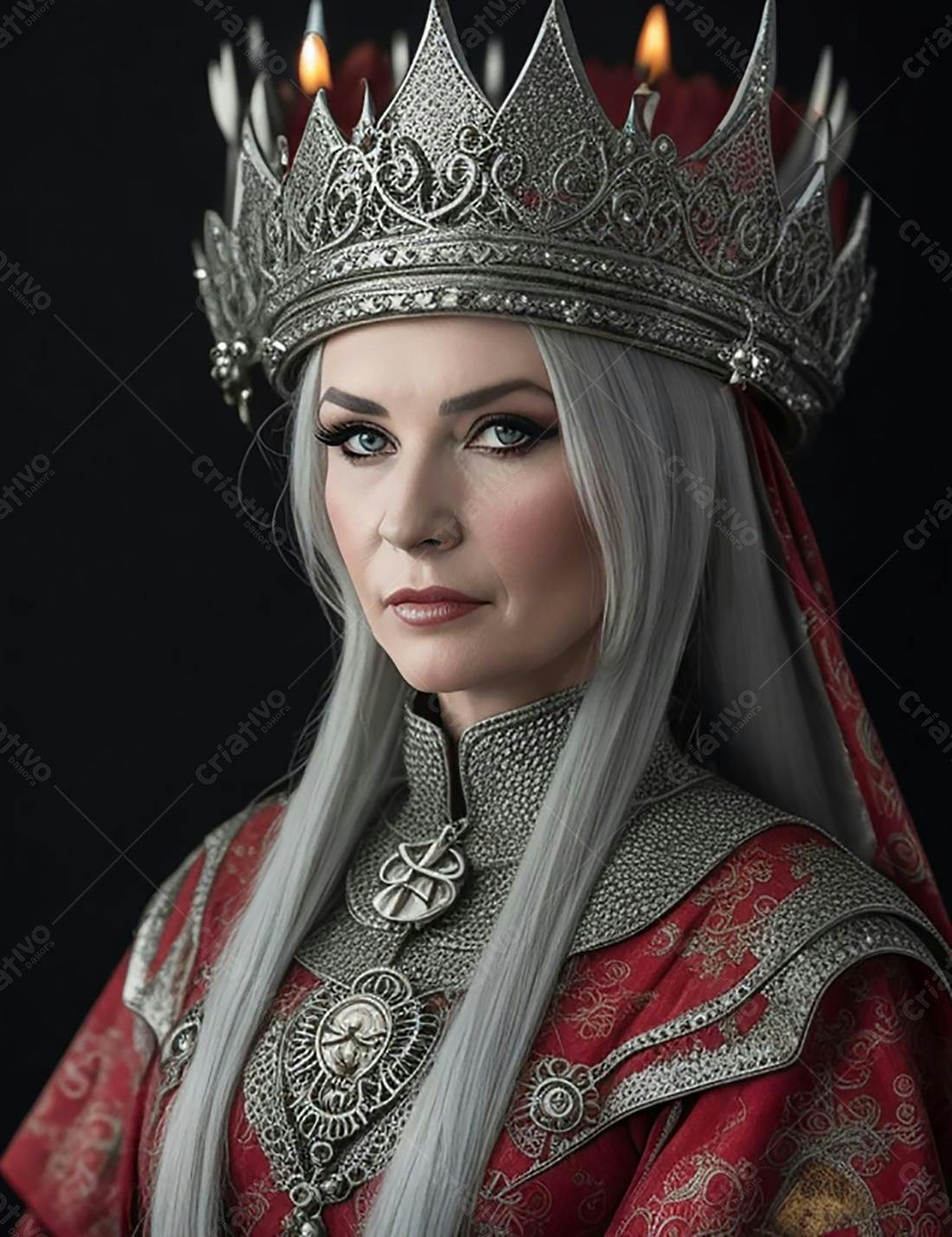 Rainha com coroa de prata e vestido vermelho
