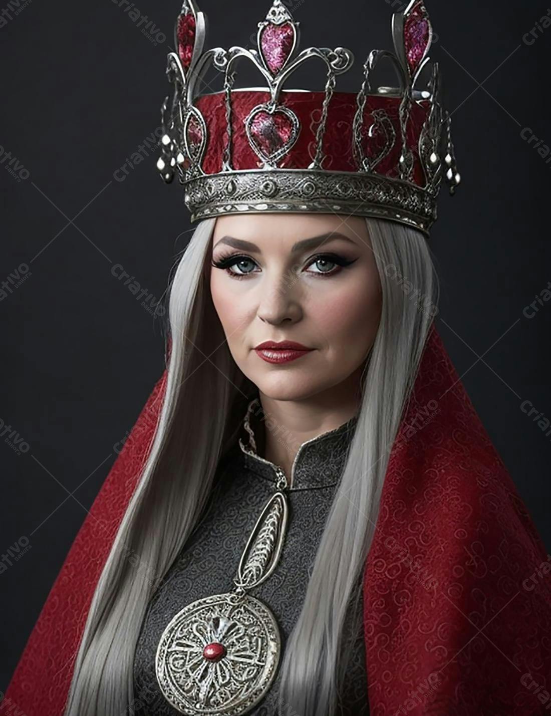 Rainha com coroa vermelha e jóias prateadas